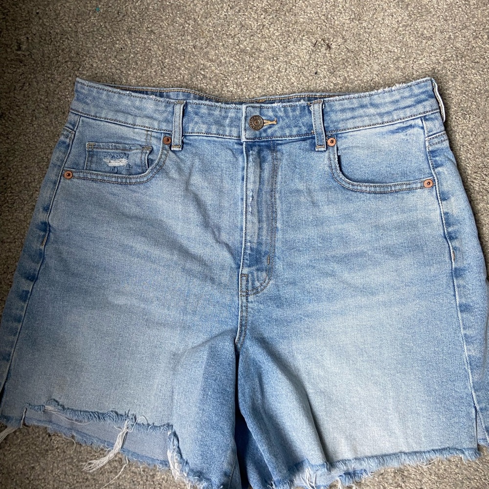 American Eagle Outfitters High Rise Baggy Long Jean Shorts Distressed Frayed Hem